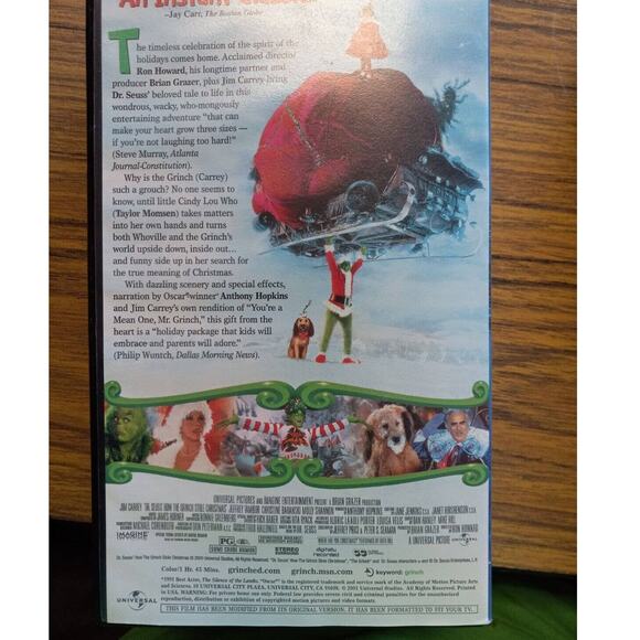 How the Grinch Stole Christmas VHS 2001 Jim Carrey Dr. Seuss Clamshell Case - Picture 2 of 3